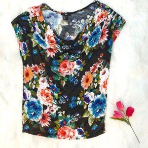 H&M Deep V Draped Short Sleeve Blouse Floral Top